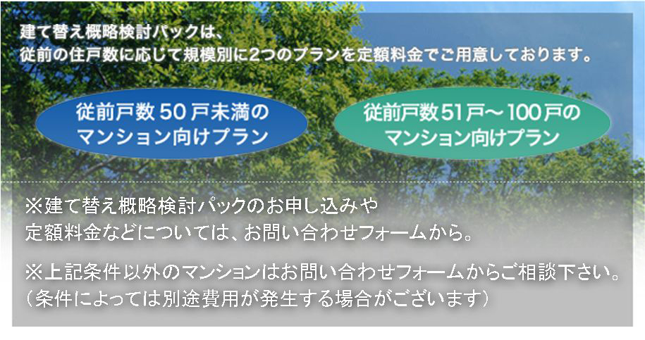 概略検討パッケージは、　現状の住戸数に応じて規模別に2 つのをプランご用意しております。